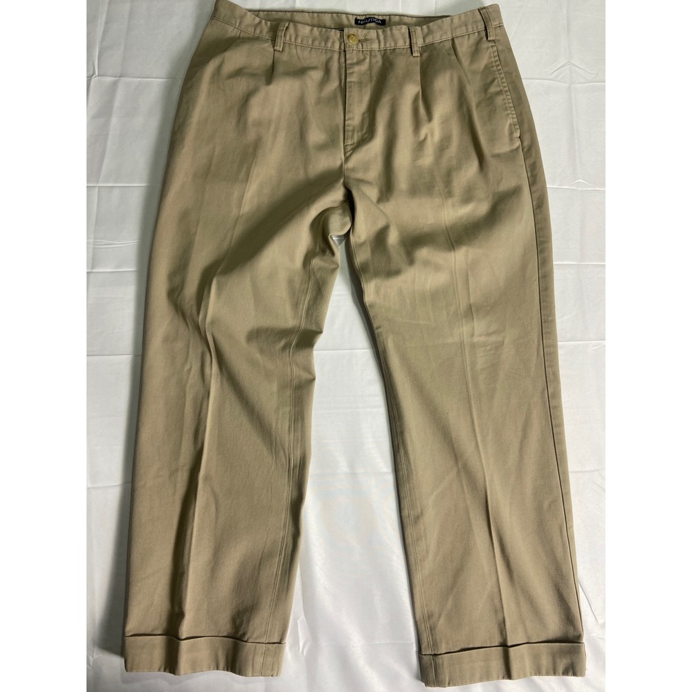Nautica Mens Khaki Chino Pants Size 38W x 30L Pleated Cotton